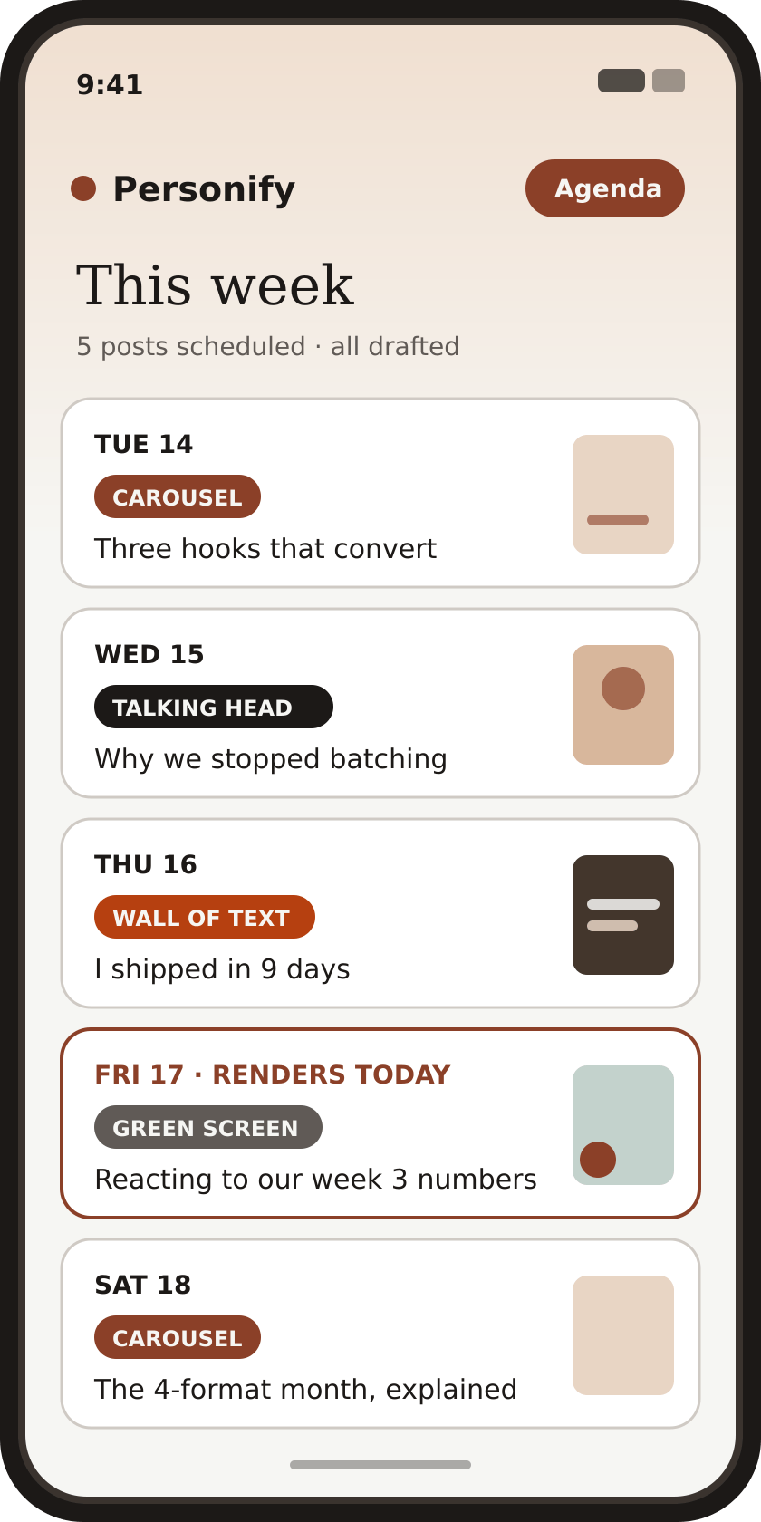 The Personify planner: upcoming posts already drafted, each showing its format and hook